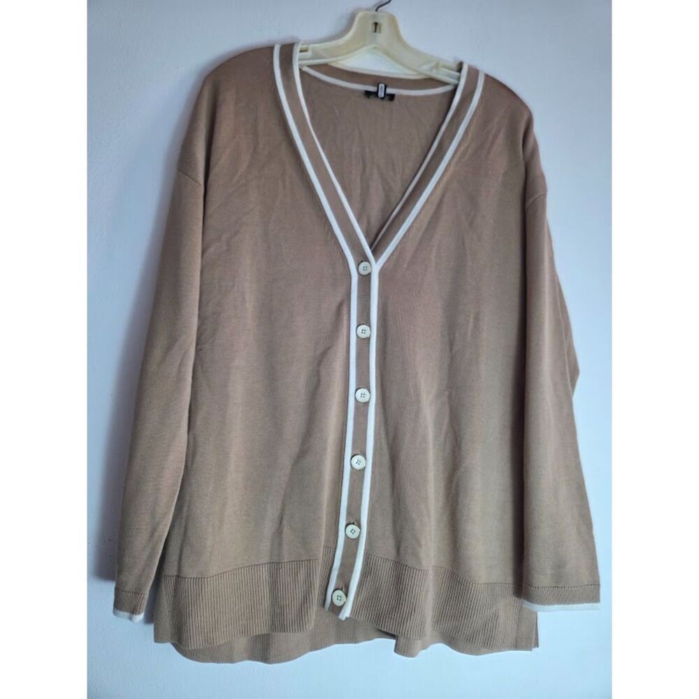Talbots Dark Beige w/White Trim Cotton Button Front Neutral Cardigan size Large